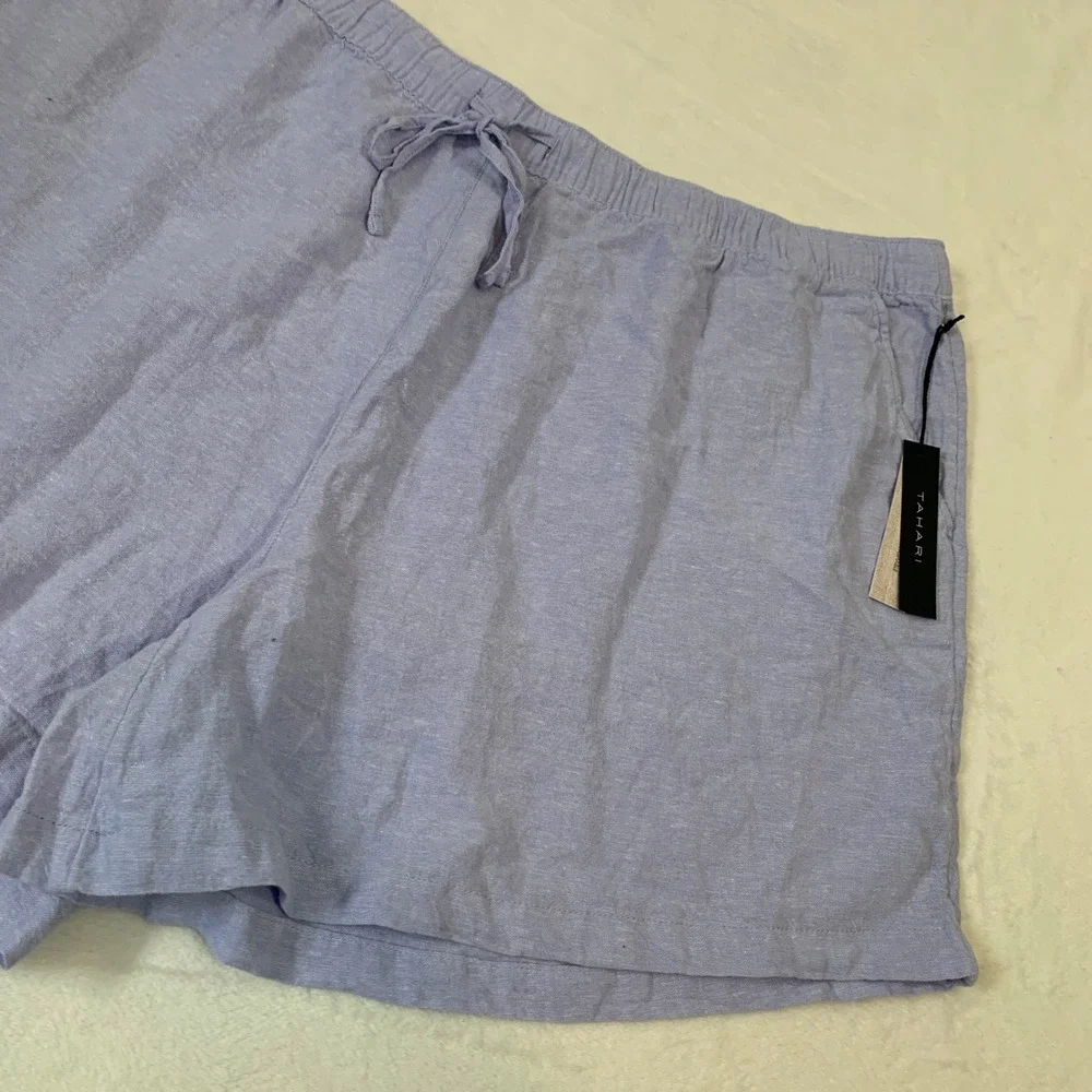 NEW TAHARI Linen Shorts Women's 3X‎ Light Purple Drawstring Elastic Waist Casual